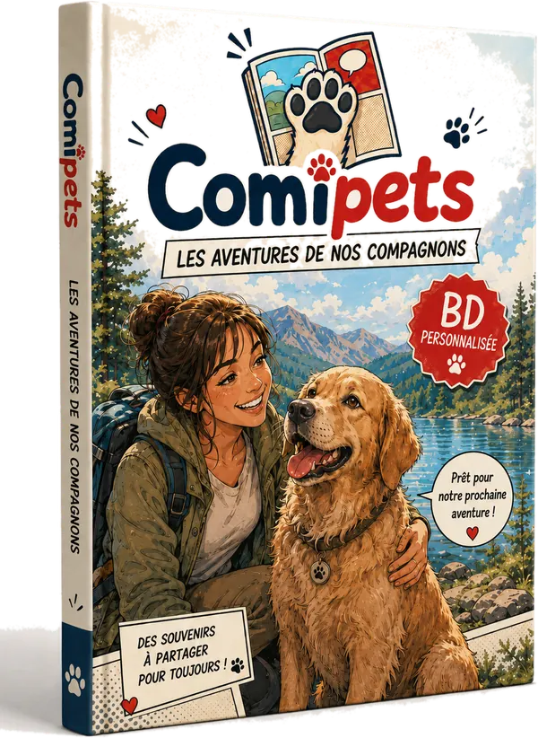 La couverture d'une bande dessinée Comipets : une femme et son chien au bord d'un lac, sous le titre « Les aventures de nos compagnons ».